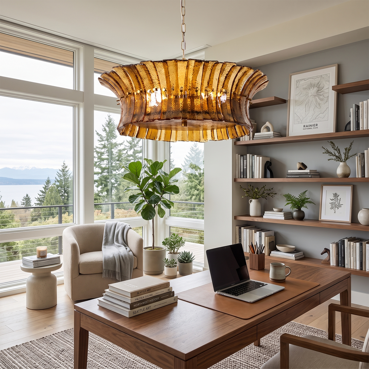 Octavia Sculptural Smoked Glass Chandelier | Textured Smoked Glass | Illuminating a luxurious home office with a large wooden executive desk and built-in bookshelves | Severn Lighting