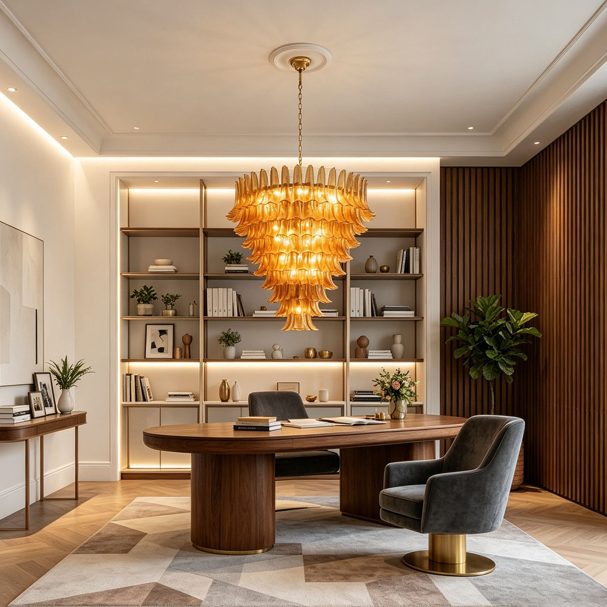 Odile Amber Petal Tier Chandelier | Amber Glass and Metal | Lighting up an executive home office with a wooden desk and bookshelves | Severn Lighting
