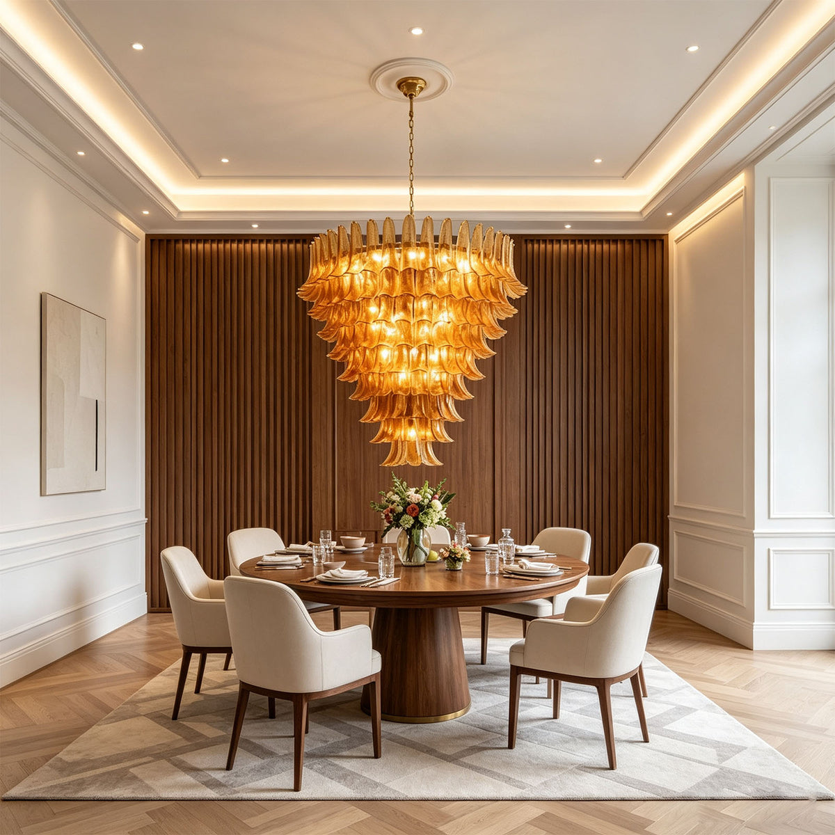 Odile Amber Petal Tier Chandelier | Amber Glass and Metal | Suspended over a round wooden dining table in a contemporary dining area | Severn Lighting