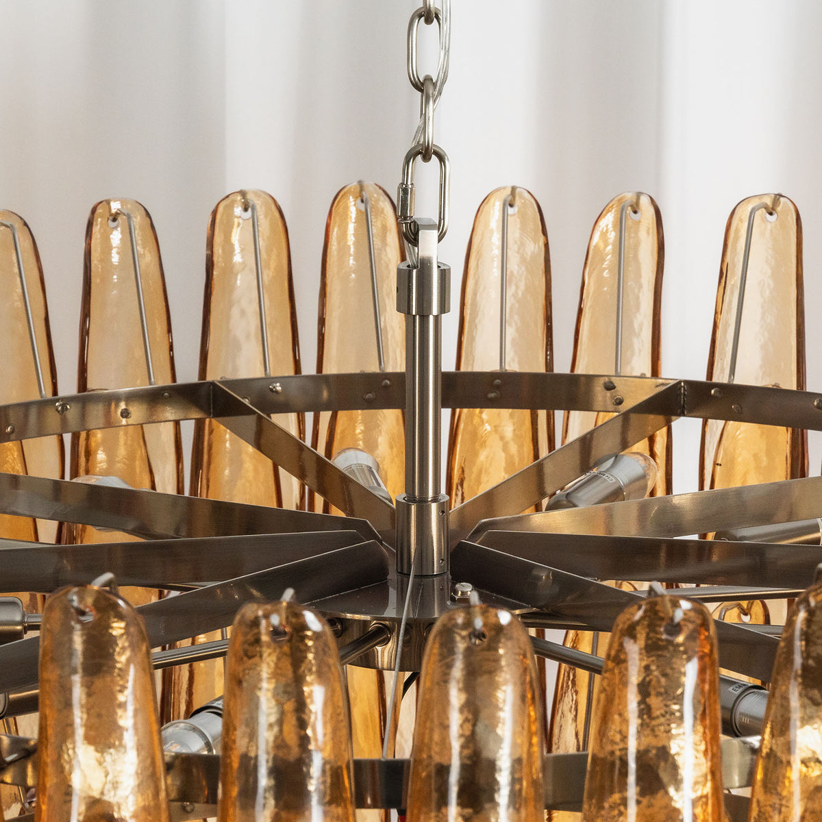 Odile Amber Petal Tier Chandelier | Amber Glass and Metal | Internal perspective showing the metal ring frame and glass holders | Severn Lighting