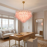 Ombeline Tiered Pink Glass Chandelier | Pink Glass and Brass | Lighting a home office study room above a desk near a window | Severn Lighting