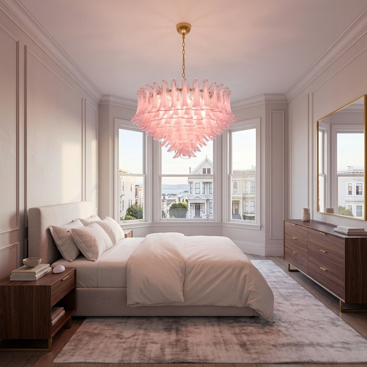 Ombeline Tiered Pink Glass Chandelier | Pink Glass and Brass | Displayed in a luxury bedroom with plush bed and large windows | Severn Lighting