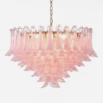 Ombeline Tiered Pink Glass Chandelier | Pink Glass and Brass | Front full view on a pure white background, illuminated | Severn Lighting