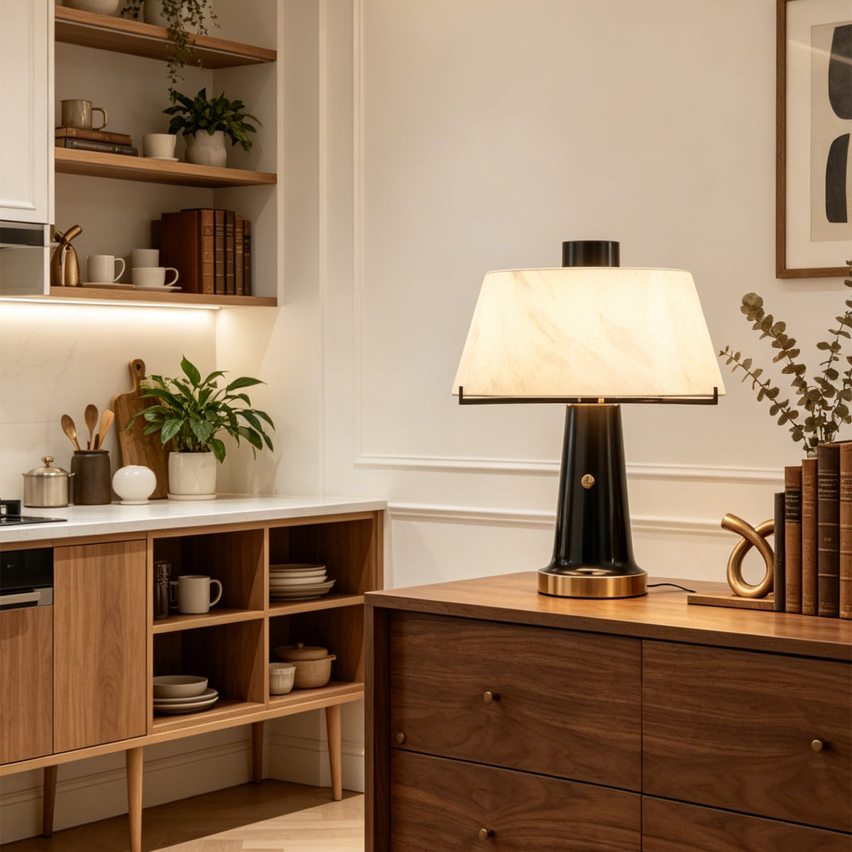 Orsino Alabaster Trapezoid Table Lamp | Natural Alabaster, Black Metal and Brass | Styled on a wooden kitchen counter near open shelving | Severn Lighting