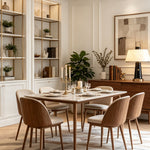 Orsino Alabaster Trapezoid Table Lamp | Natural Alabaster, Black Metal and Brass | Centered on a wooden sideboard in a bright dining room with a dining set | Severn Lighting