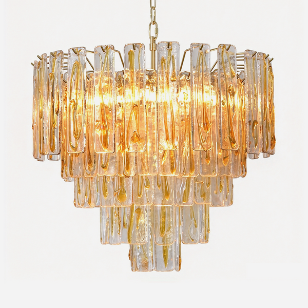 Orvelane Amber Swirl Glass Tiered Chandelier | Amber Swirl Glass and Brass | Front full view on a pure white background, illuminated | Severn Lighting