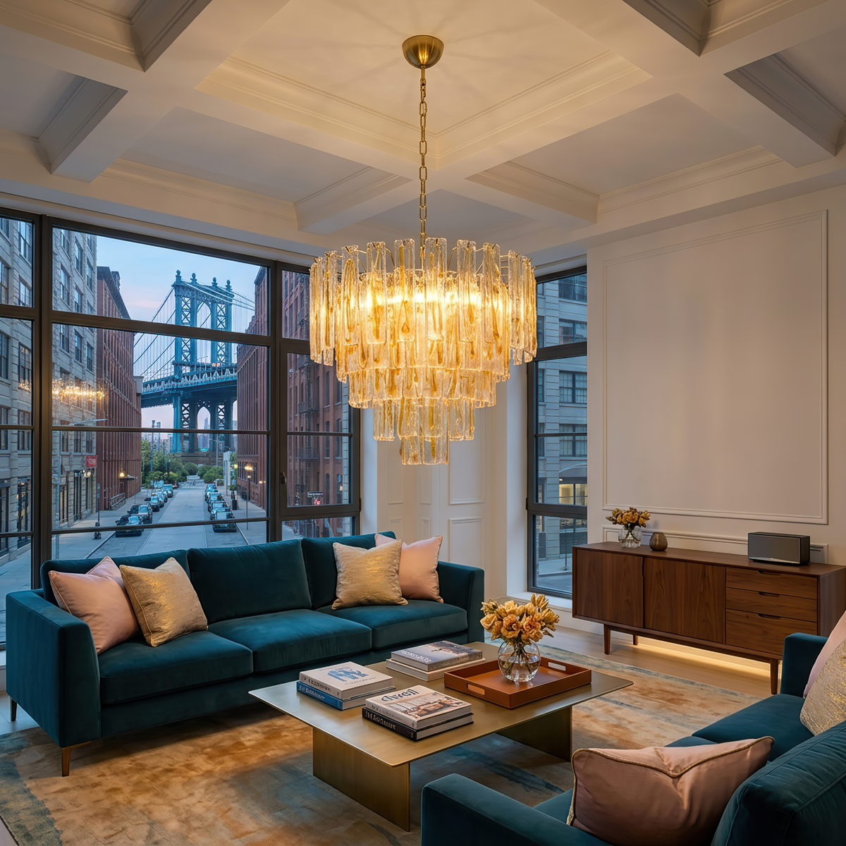 Orvelane Amber Swirl Glass Tiered Chandelier | Amber Swirl Glass and Brass | Suspended in a luxury high-ceiling living room with blue sofas and city view windows | Severn Lighting
