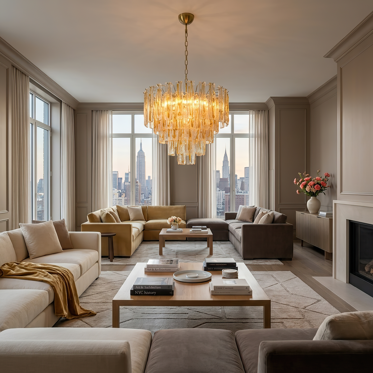 Orvelane Amber Swirl Glass Tiered Chandelier | Amber Swirl Glass and Brass | Centered in a spacious living room with beige sectional sofas and large windows | Severn Lighting
