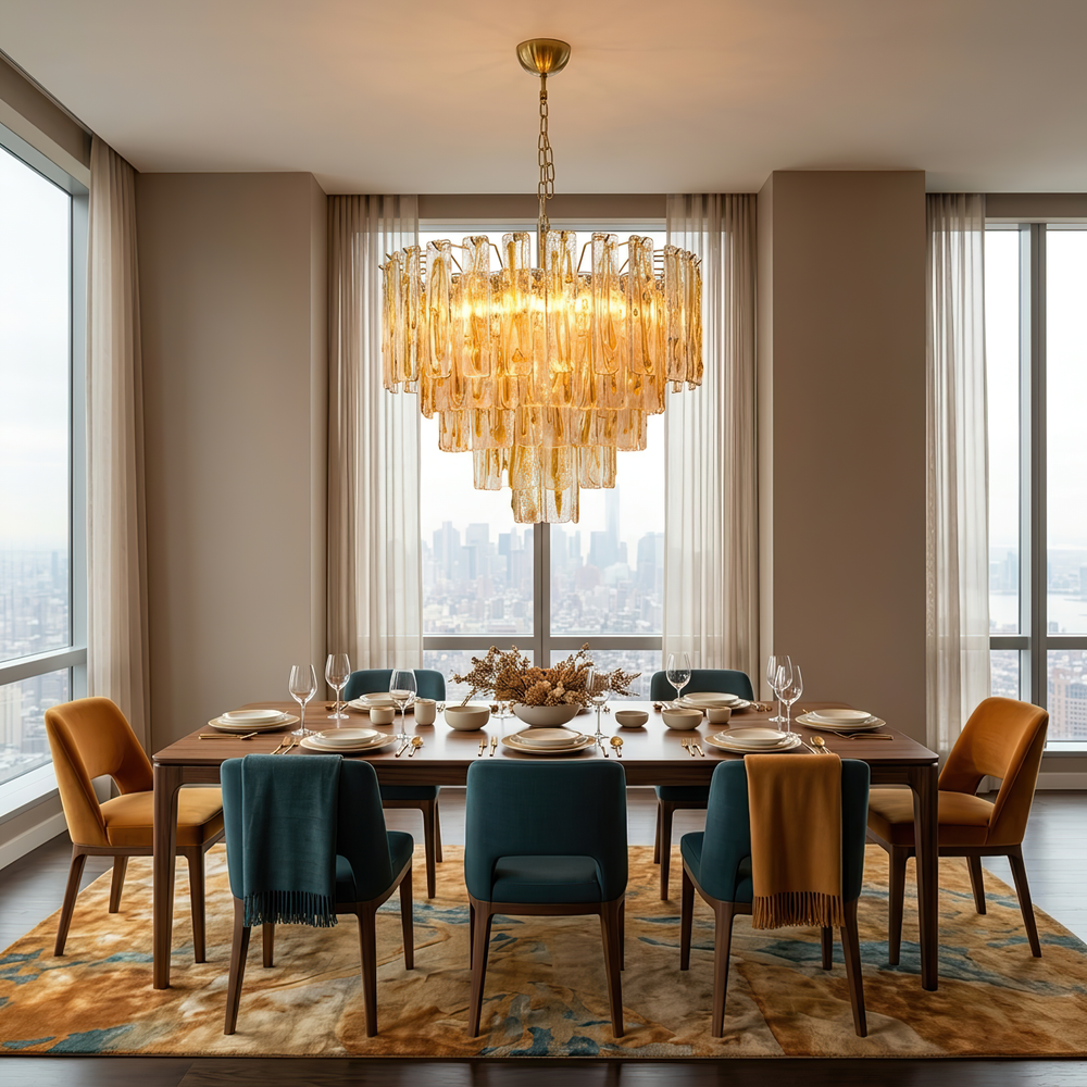 Orvelane amber swirl glass tiered chandelier over a long dining table