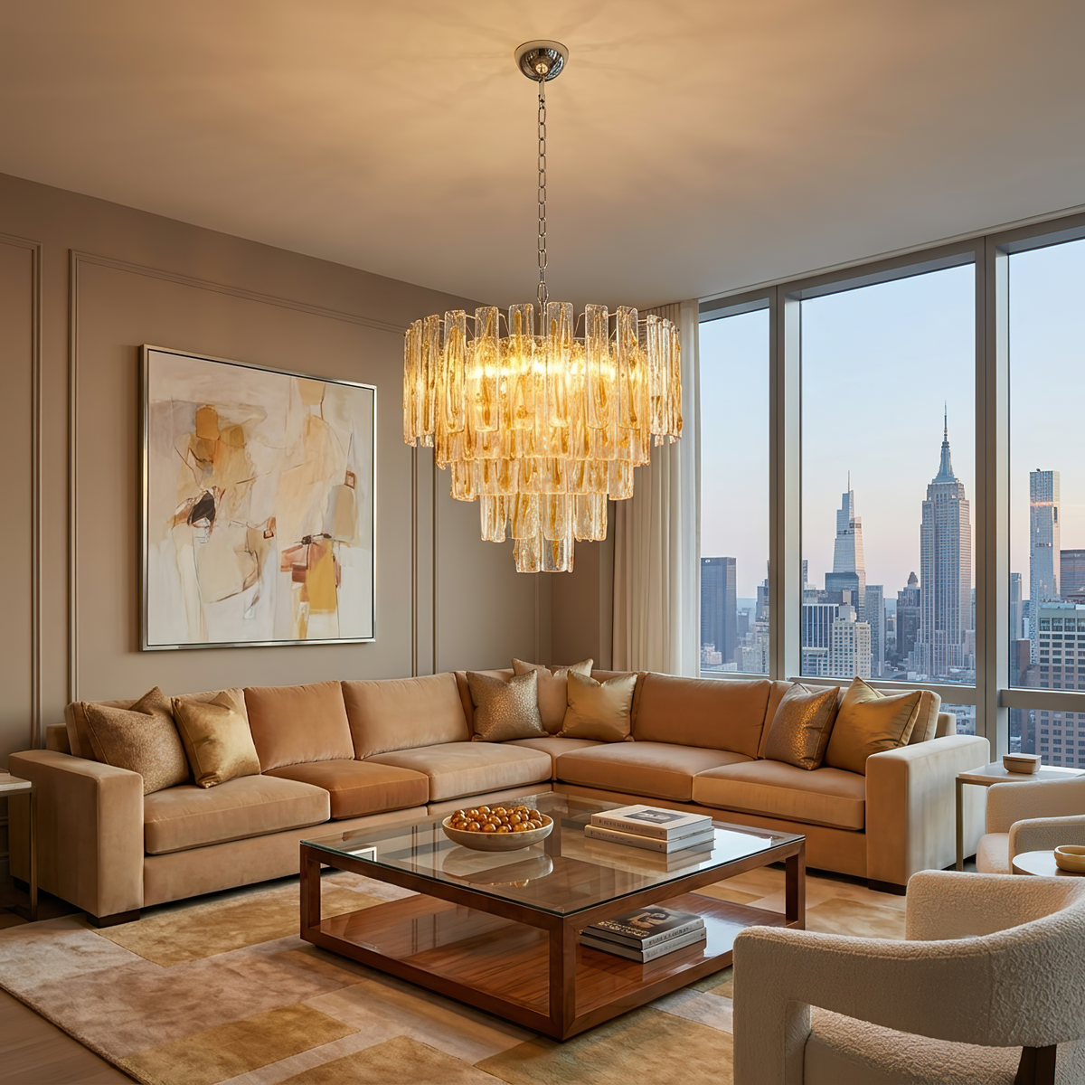 Orvelane Amber Swirl Glass Tiered Chandelier | Amber Swirl Glass and Brass | Hanging in a high-rise living room featuring a tan sectional sofa and expansive windows | Severn Lighting