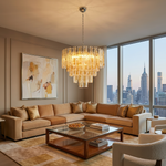 Orvelane Amber Swirl Glass Tiered Chandelier | Amber Swirl Glass and Brass | Hanging in a high-rise living room featuring a tan sectional sofa and expansive windows | Severn Lighting