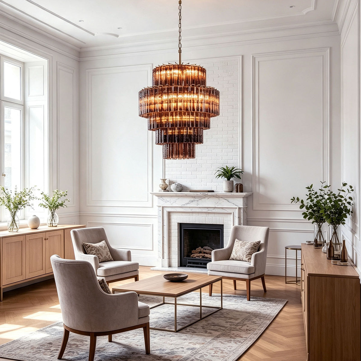 Ottoline Tiered Glass Chandelier | Textured Glass and Brass | Centered in a bright living area with armchairs and a fireplace | Severn Lighting
