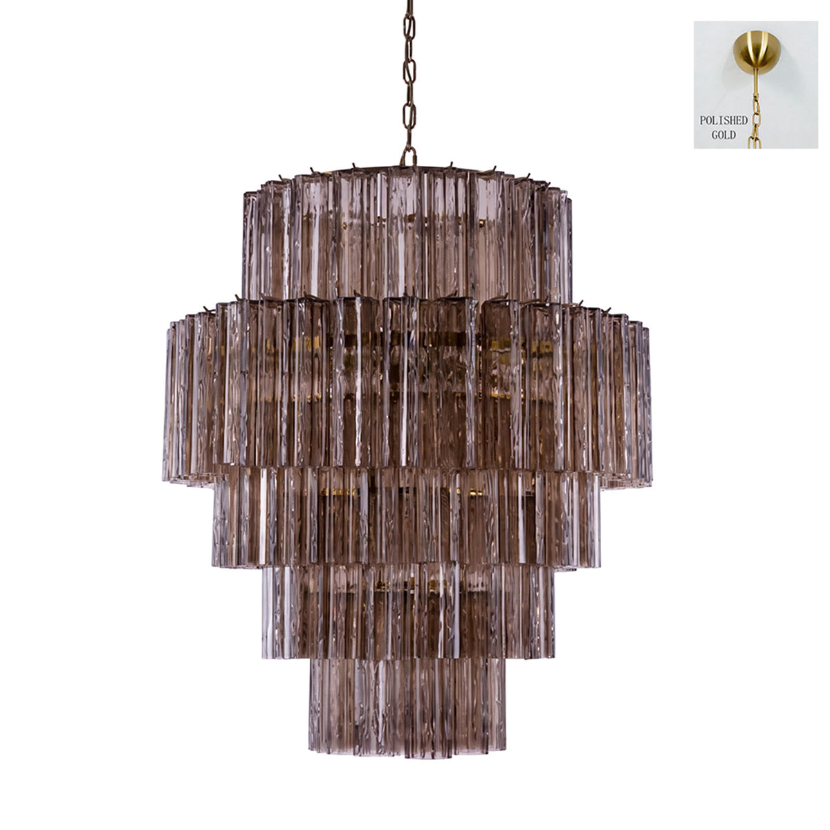 Ottoline Tiered Glass Chandelier | Textured Glass and Brass | Brass finish canopy version full view on a pure white background | Severn Lighting