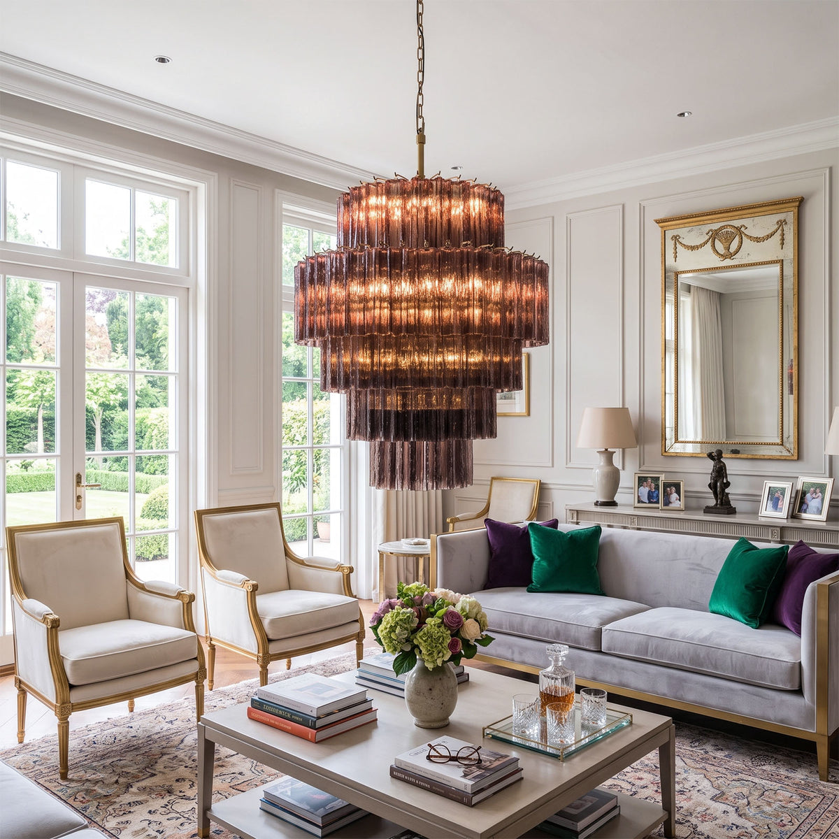 Ottoline Tiered Glass Chandelier | Textured Glass and Brass | Hanging in an elegant living room with a grey sofa | Severn Lighting