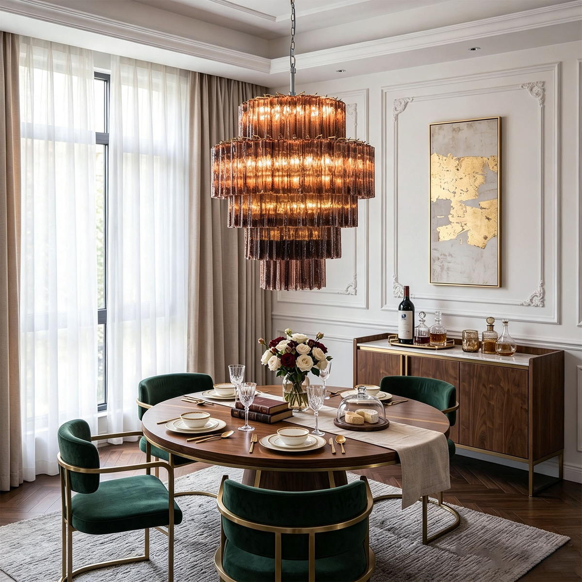 Ottoline Tiered Glass Chandelier | Textured Glass and Brass | Suspended over a round dining table with green velvet chairs | Severn Lighting