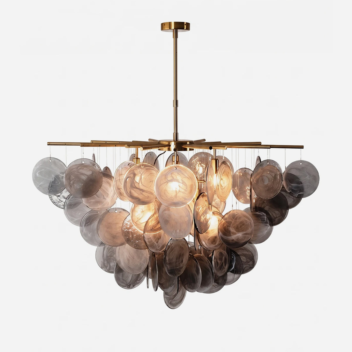 Perrin Smoked Glass Cloud Chandelier | Smoked Glass and Brass | Front full view on a pure white background, illuminated | Severn Lighting