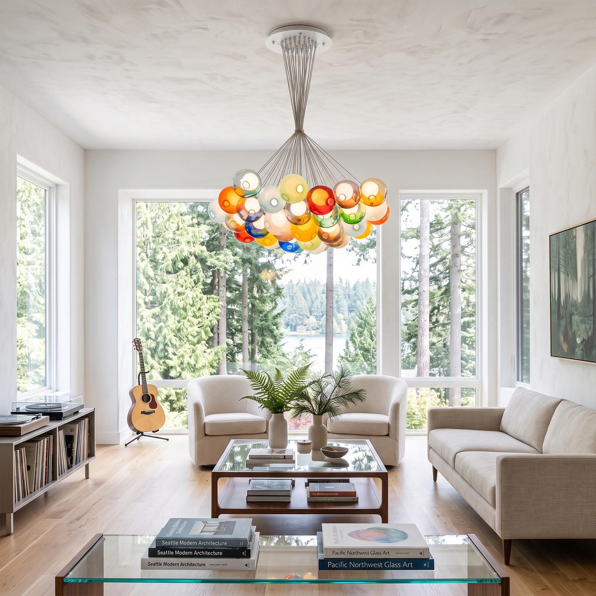 Rainbow Glass Bubble Cluster Chandelier | Multi-colored Blown Glass and Metal Cords | Hanging in a spacious modern living room with a cream sofa and large windows overlooking trees | Severn Lighting