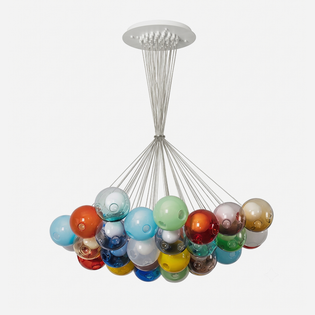 Rainbow Glass Bubble Cluster Chandelier | Multi-colored Blown Glass and Metal Cords | Full front view isolated on a clean white background showcasing the dense cluster of vibrant spheres | Severn Lighting