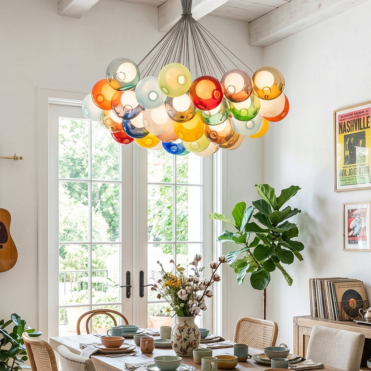 Rainbow Glass Bubble Cluster Chandelier | Multi-colored Blown Glass and Metal Cords | Styled over a round dining table next to bright white French doors opening to a garden | Severn Lighting