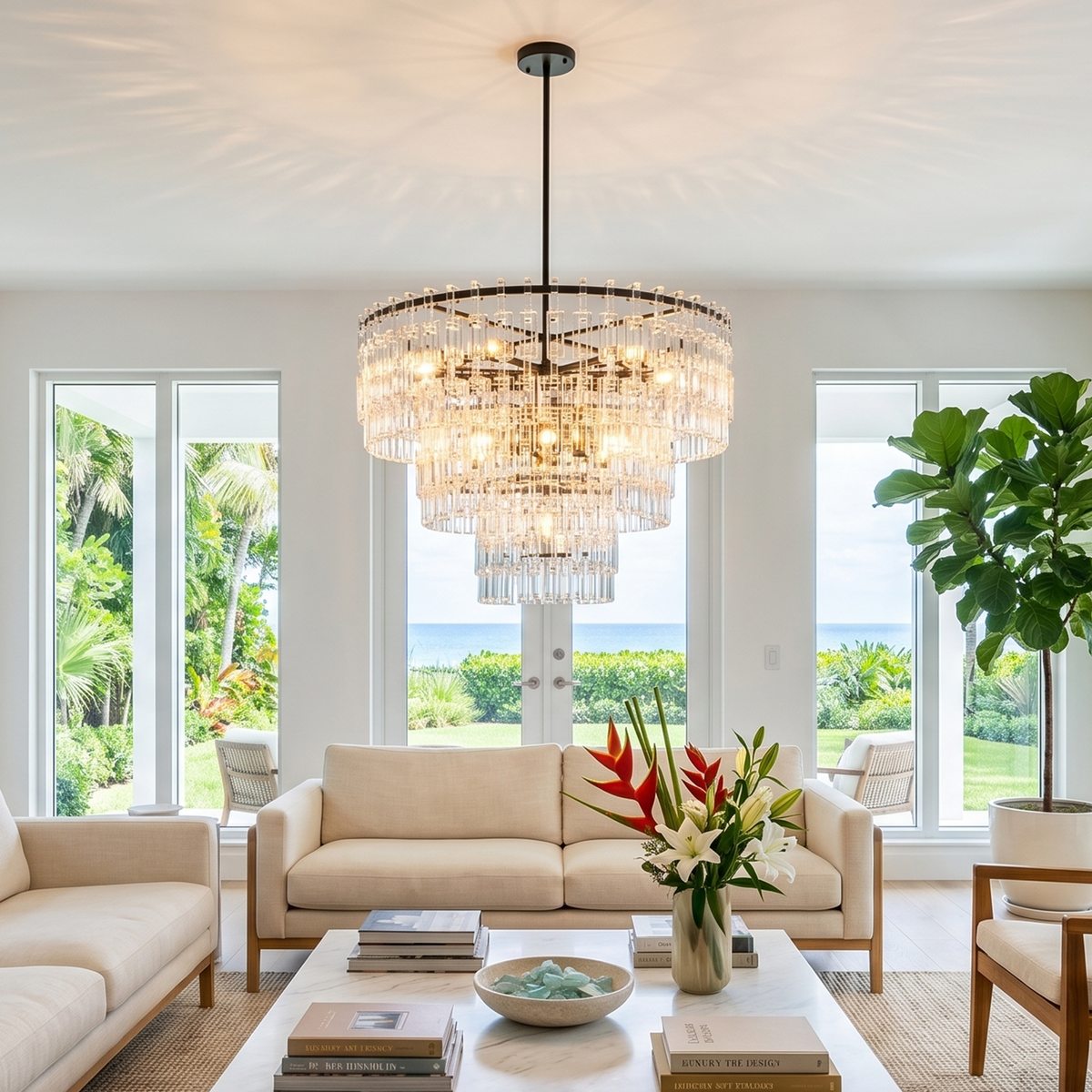 Rainer Cascading Glass Rod Chandelier | Clear Glass and Black Metal | Hanging in a bright coastal living room with white sofas | Severn Lighting