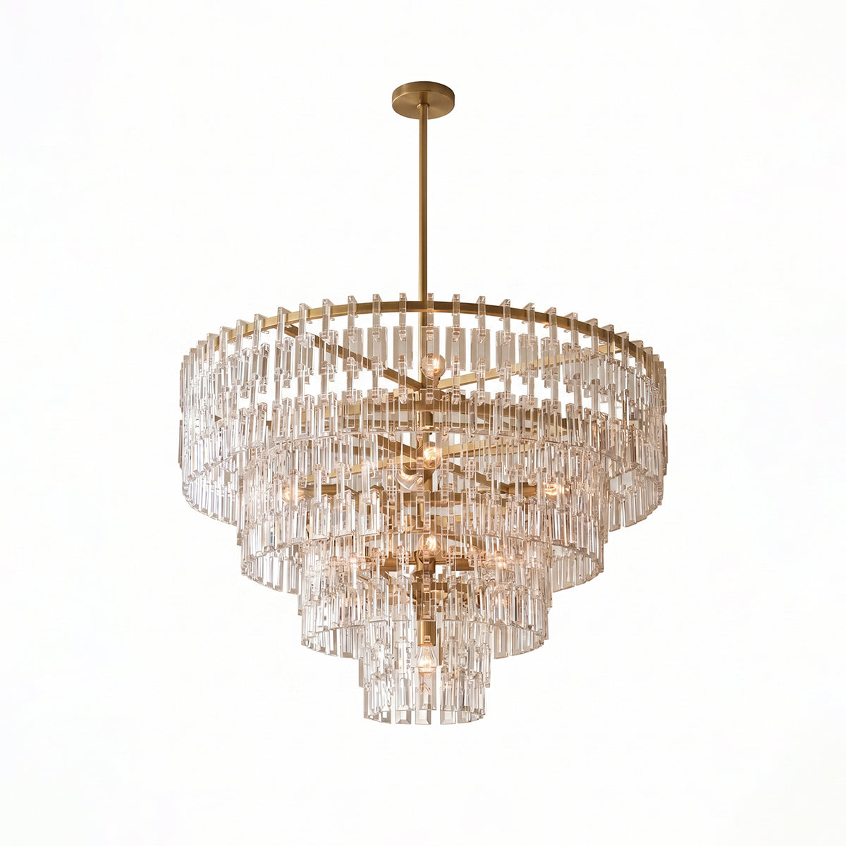 Rainer Cascading Glass Rod Chandelier | Clear Glass and Brass | Brass frame option illuminated on a plain white background | Severn Lighting