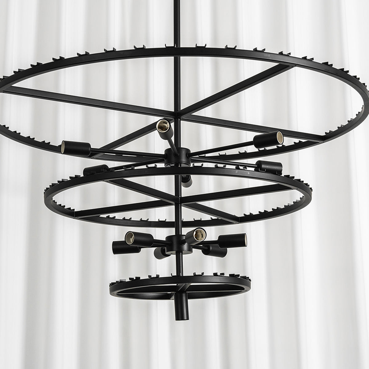 Rainer Cascading Glass Rod Chandelier | Clear Glass and Black Metal | View of the bare black metal skeleton frame structure | Severn Lighting