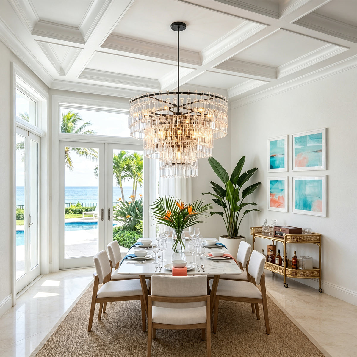 Rainer Cascading Glass Rod Chandelier | Clear Glass and Black Metal | Centered above a wooden table in a coffered ceiling dining room | Severn Lighting