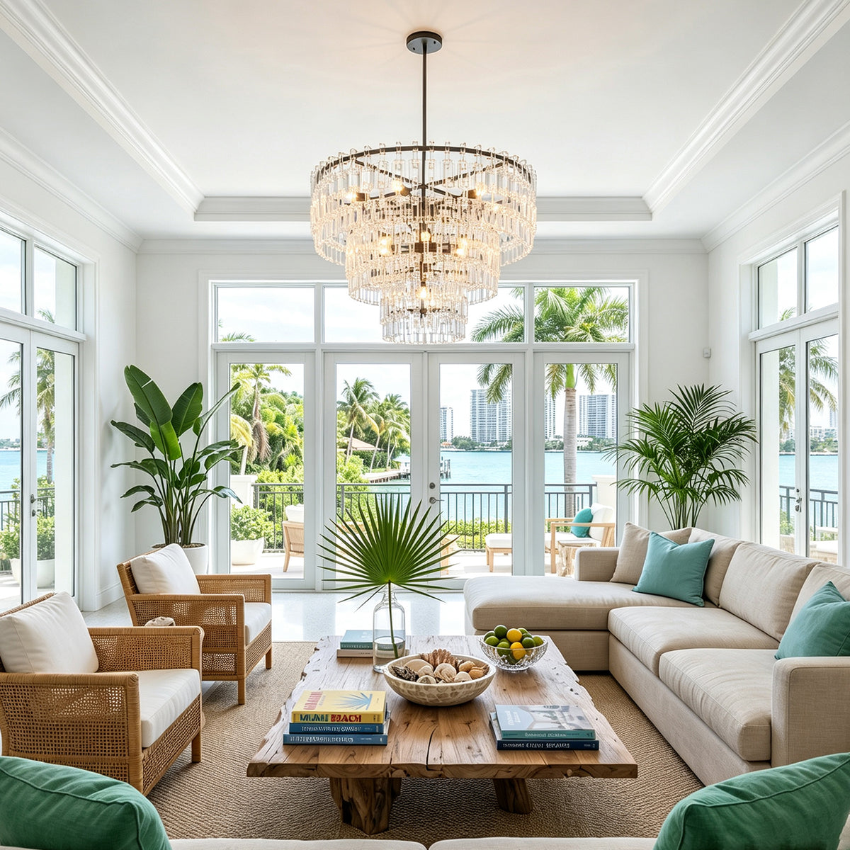 Rainer Cascading Glass Rod Chandelier | Clear Glass and Black Metal | Illuminating a spacious coastal lounge with wicker armchairs | Severn Lighting