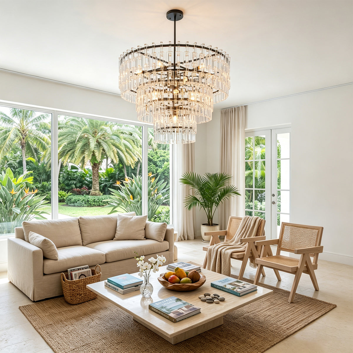 Rainer Cascading Glass Rod Chandelier | Clear Glass and Black Metal | Displayed in a sunlit living space with tropical palm tree views | Severn Lighting
