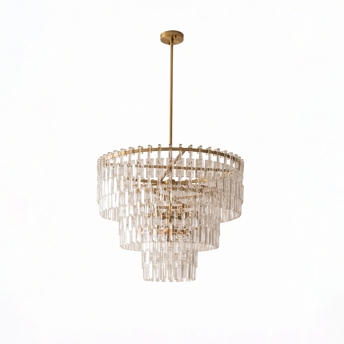 Rainer Cascading Glass Rod Chandelier | Clear Glass and Brass | Brass frame option illuminated on a plain white background | Severn Lighting