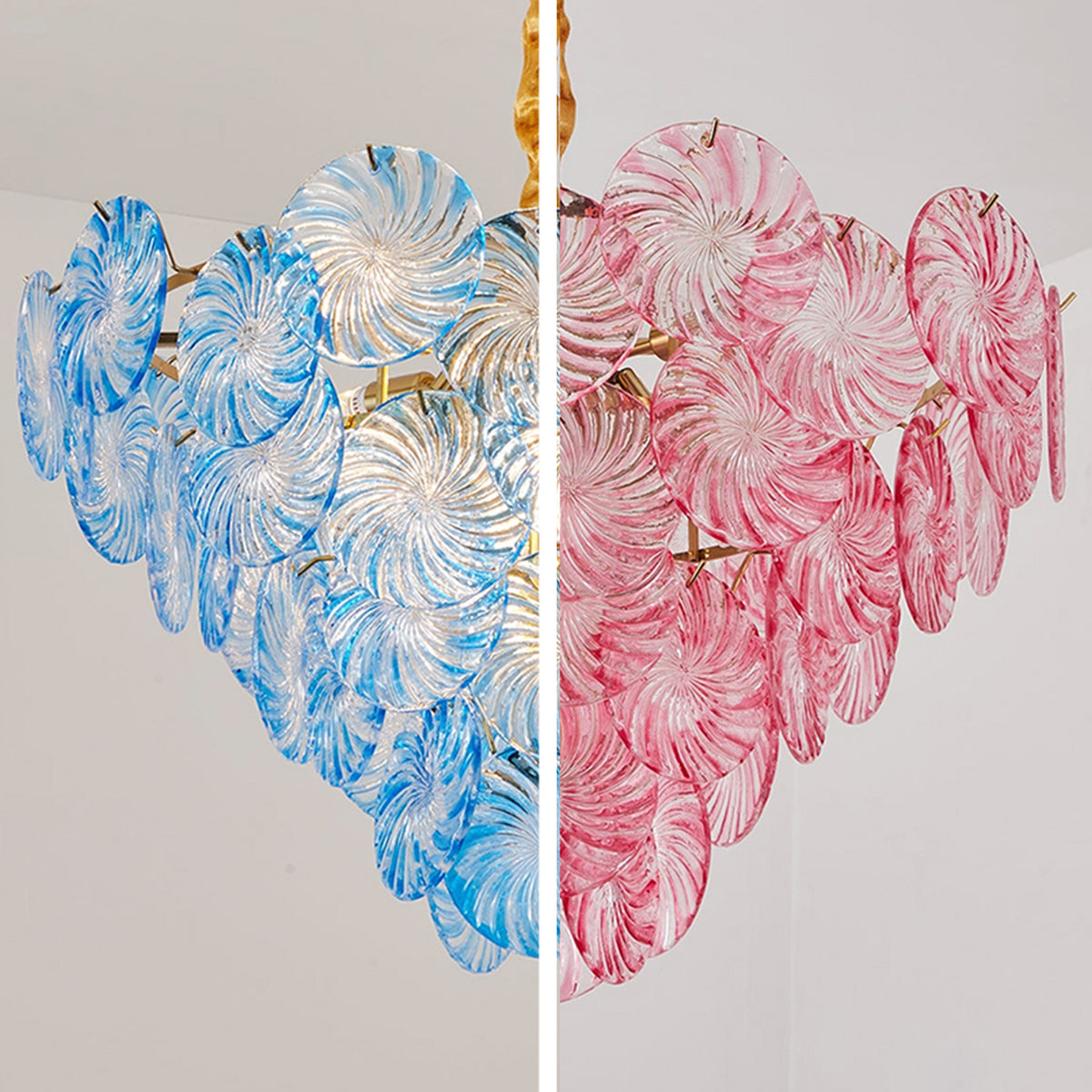 Rosalind Petal Glass Chandelier | Textured Spiral Blue and Pink Glass | Side-by-side product split view comparing the blue version and the pink version options | Severn Lighting