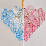 Rosalind Petal Glass Chandelier | Textured Spiral Blue and Pink Glass | Side-by-side product split view comparing the blue version and the pink version options | Severn Lighting