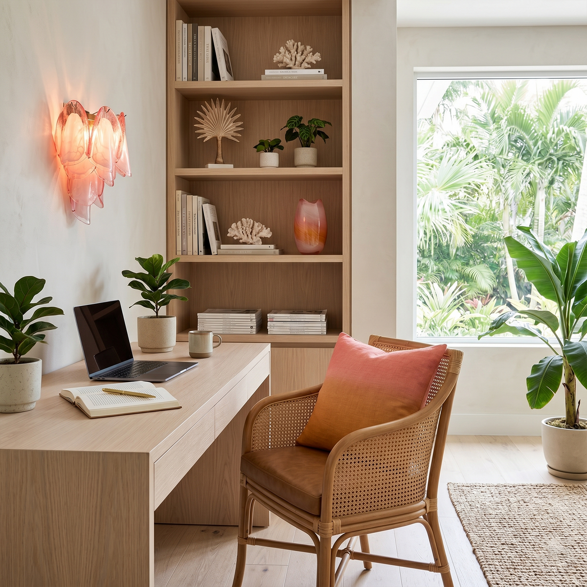 Rosalind Rose Glass Wall Sconce | Glass, Metal | Positioned elegantly on a study room wall next to light wood shelves and a woven armchair with an orange cushion | Severn Lighting