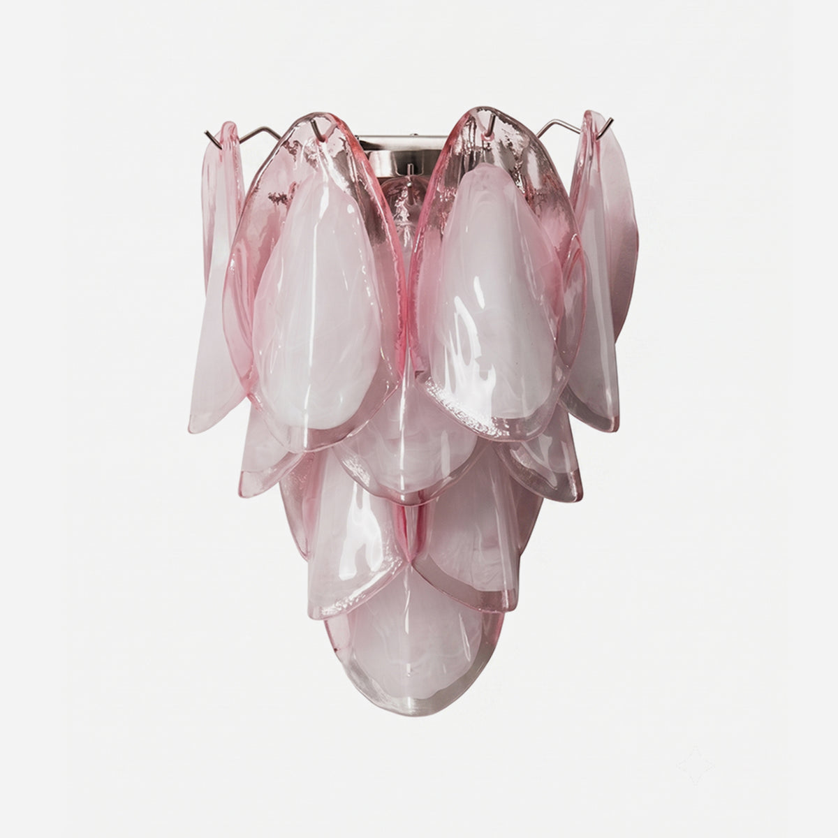 Rosalind Rose Glass Wall Sconce | Glass, Metal | Isolated unlit view of a luxury modern wall sconce featuring a cascading cluster of frosted pink glass petals arranged on a silver chrome frame | White background | Severn Lighting