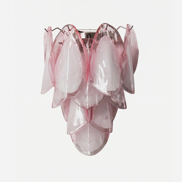 Rosalind Rose Glass Wall Sconce | Glass, Metal | Isolated unlit view of a luxury modern wall sconce featuring a cascading cluster of frosted pink glass petals arranged on a silver chrome frame | White background | Severn Lighting