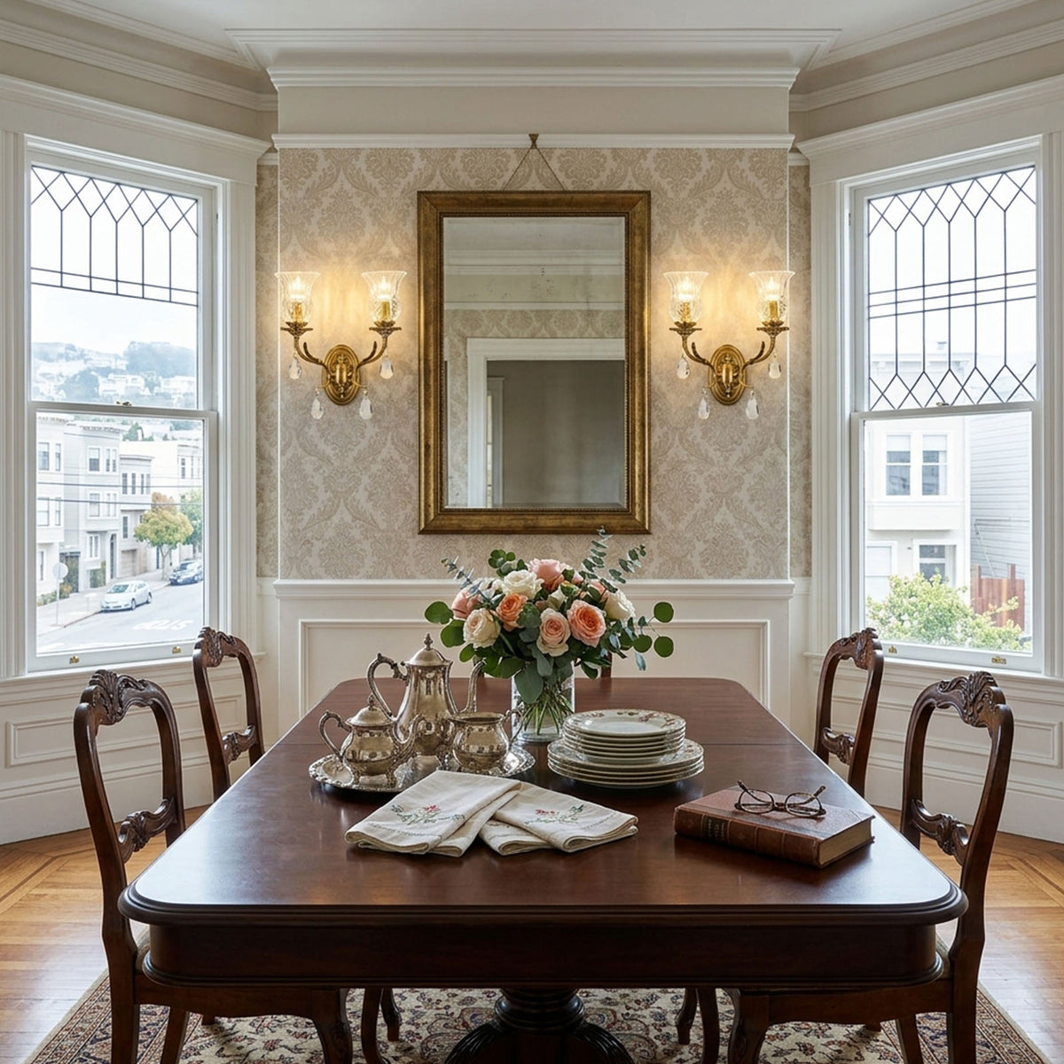Rosamund Fluted Glass Crystal Brass Wall Lamp | Glass, Crystal and Brass | Flanking a mirror in an elegant dining room with a wooden table | Severn Lighting