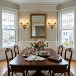 Rosamund Fluted Glass Crystal Brass Wall Lamp | Glass, Crystal and Brass | Flanking a mirror in an elegant dining room with a wooden table | Severn Lighting