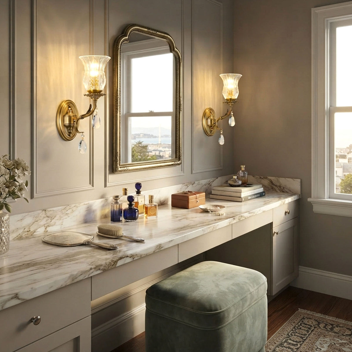 Rosamund Fluted Glass Crystal Brass Wall Lamp | Glass, Crystal and Brass | Enhancing a bright bathroom vanity area beside a large mirror | Severn Lighting