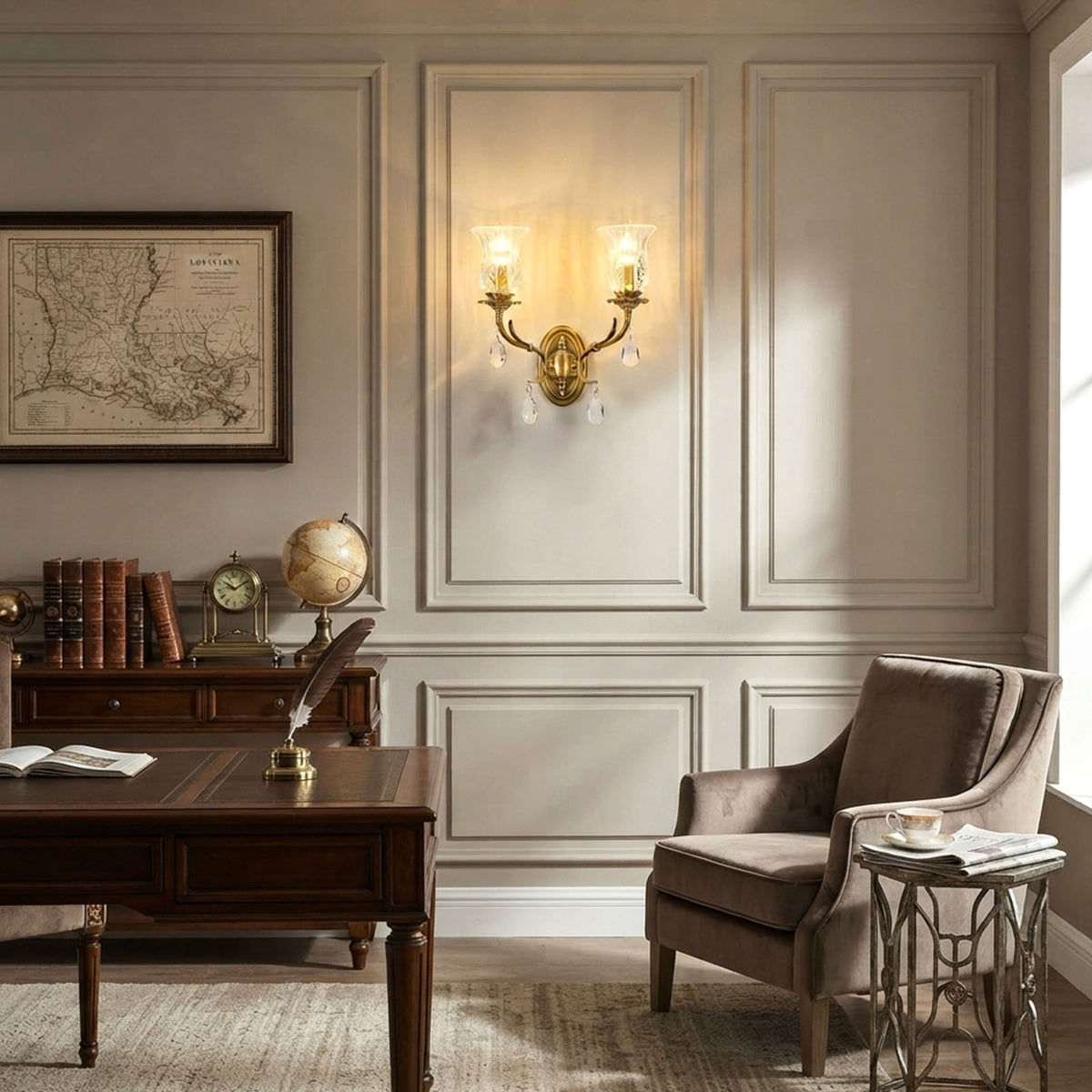 Rosamund Fluted Glass Crystal Brass Wall Lamp | Glass, Crystal and Brass | Mounted on a paneled wall in a traditional home office with an armchair | Severn Lighting