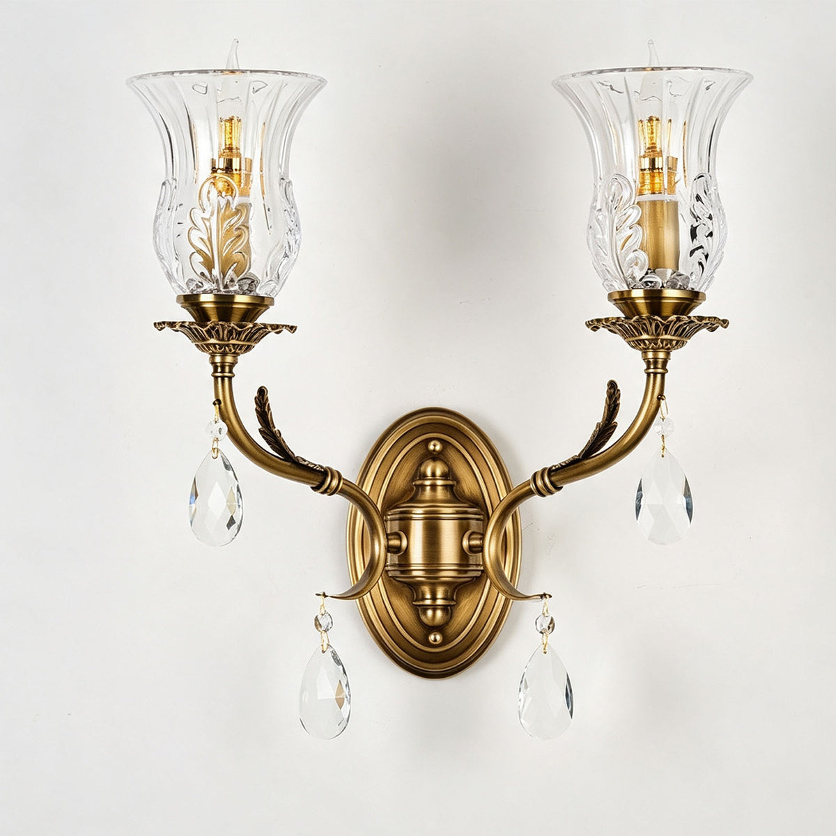 Rosamund Fluted Glass Crystal Brass Wall Lamp | Glass, Crystal and Brass | Double sconce variant full view displayed on a pure white background | Severn Lighting