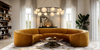 Round Branch Circle Alabaster Chandelier | Natural Alabaster and Metal | Suspended above a yellow curved sectional sofa in a modern luxury living room | Severn Lighting