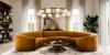 Round Branch Circle Alabaster Chandelier | Natural Alabaster and Metal | Suspended above a yellow curved sectional sofa in a modern luxury living room | Severn Lighting