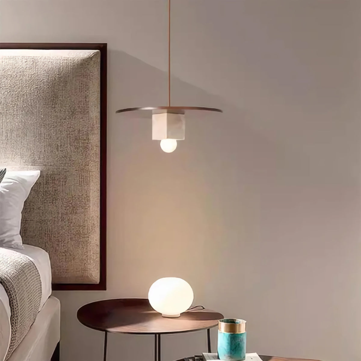 Round Wood Square Travertine Pendant Light