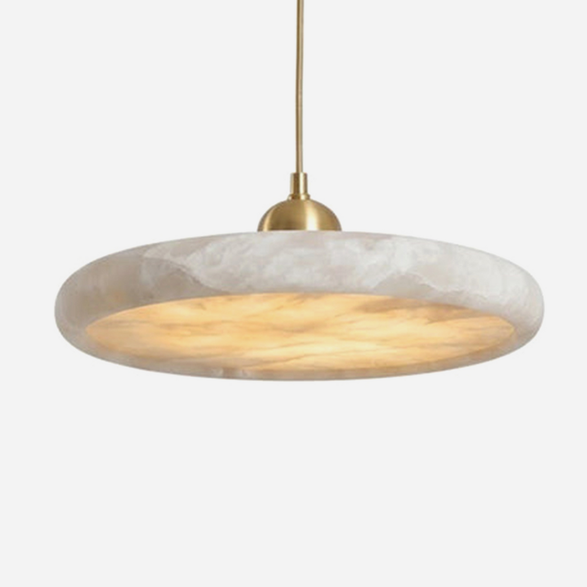 Sabine Alabaster Disc Pendant Light | Natural Alabaster and Brass | Slightly angled full view illuminated on a plain white background | Severn Lighting