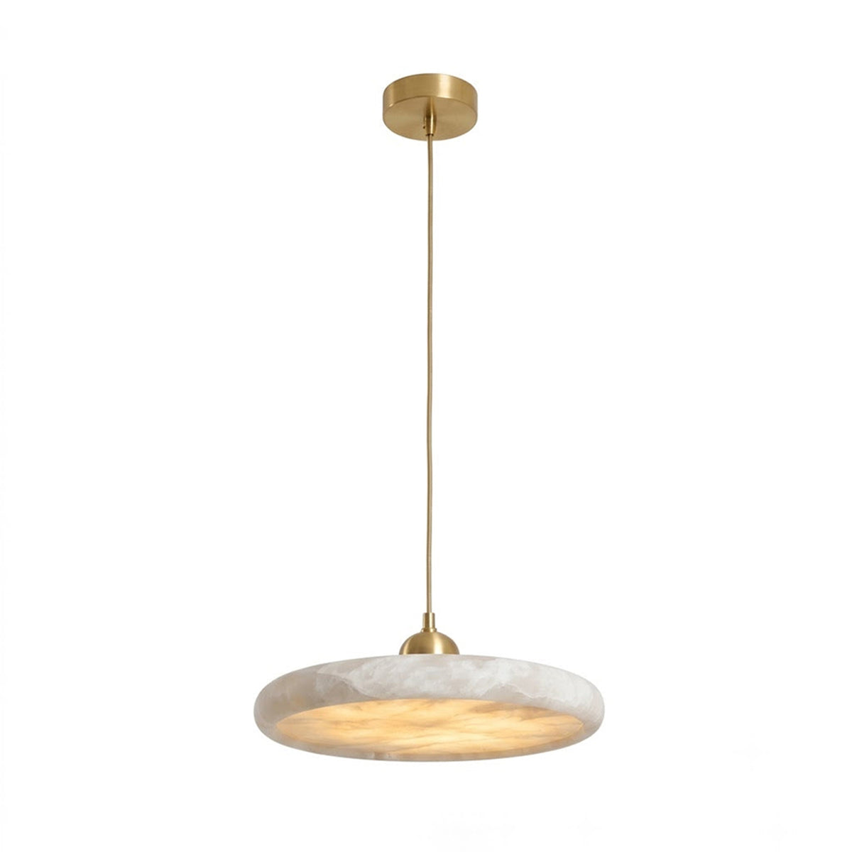Sabine Alabaster Disc Pendant Light | Natural Alabaster and Brass | Front full view on a pure white background, illuminated | Severn Lighting