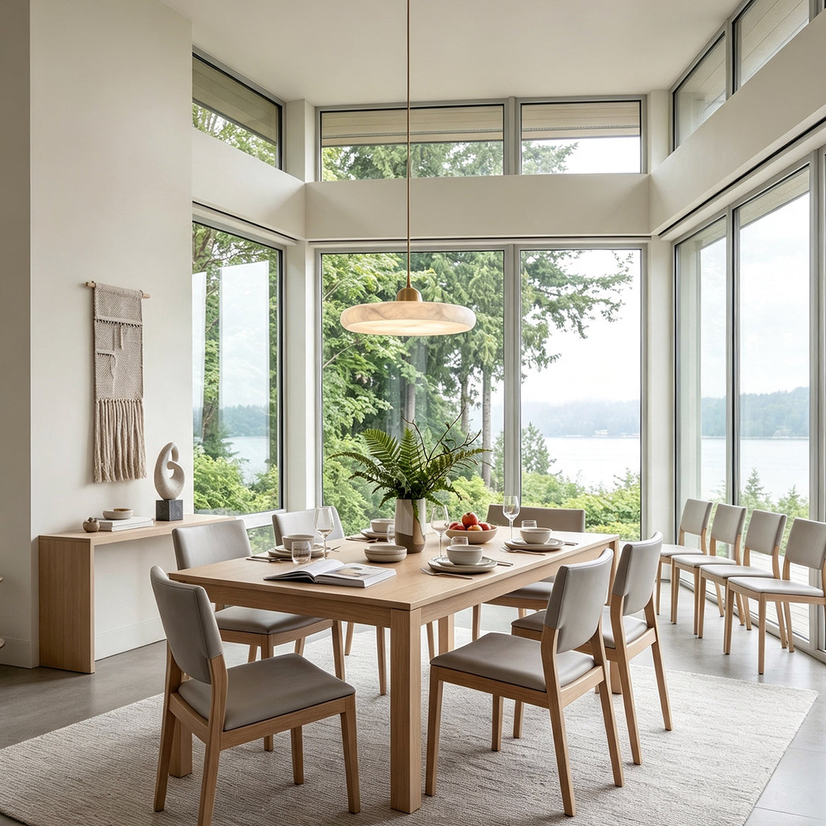 Sabine Alabaster Disc Pendant Light | Natural Alabaster and Brass | Centered above a wooden dining table in a bright room with large windows | Severn Lighting