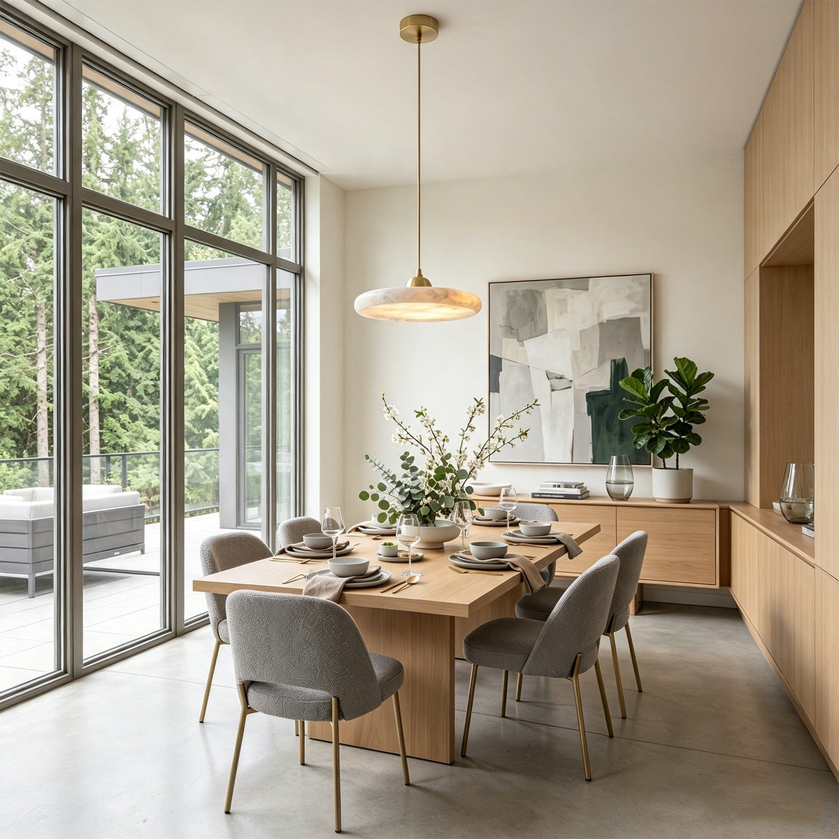 Sabine Alabaster Disc Pendant Light | Natural Alabaster and Brass | Centered above a wooden dining table in a bright room with large windows | Severn Lighting