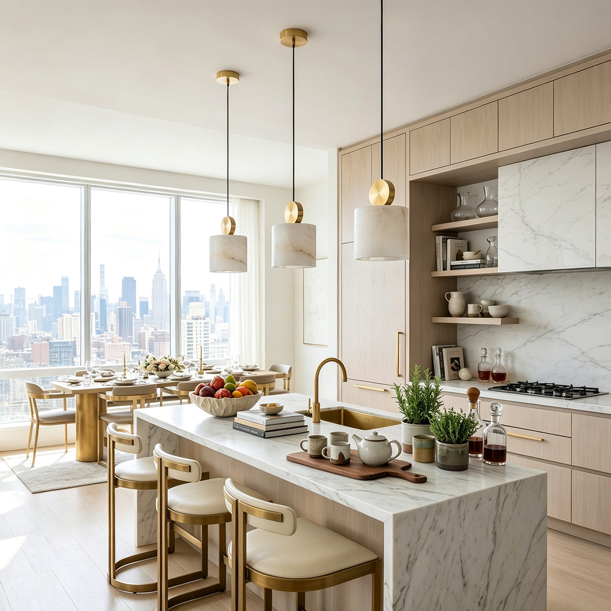 Sabine Alabaster Drum Pendant Light | Natural Alabaster and Brass | Three fixtures suspended above a light marble kitchen counter with wooden stools and chic cabinets | Severn Lighting