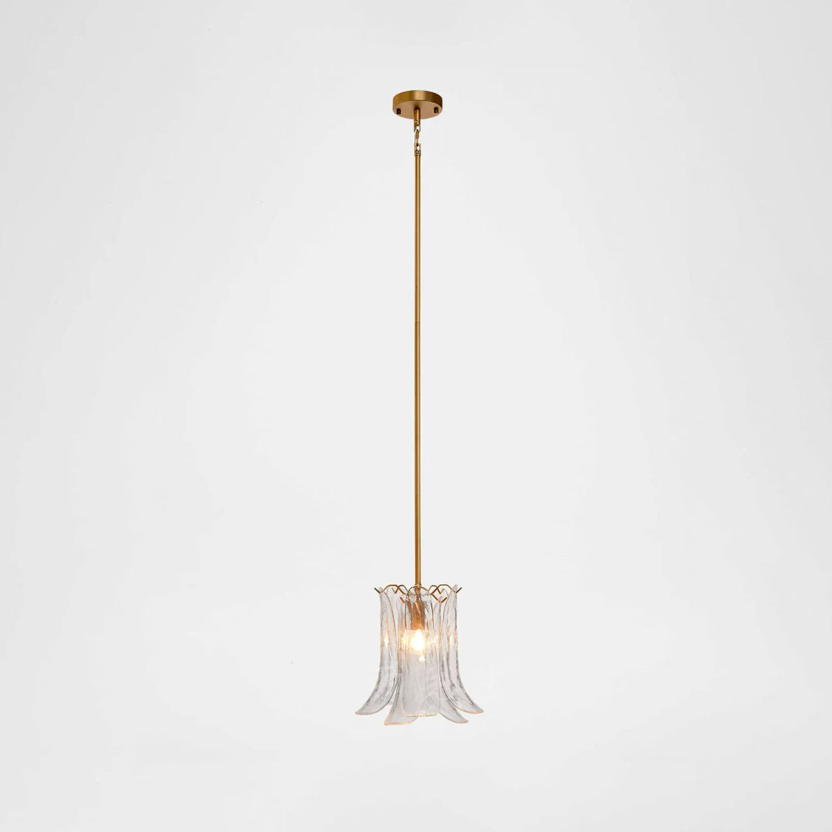Semoy Curved Glass Petal Pendant Light | Curved Glass and Brass | Studio view of the champagne clear glass petal pendant variant hanging on white | Severn Lighting