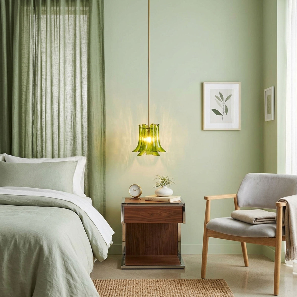 Semoy Curved Glass Petal Pendant Light | Curved Glass and Brass | Hanging in a cozy bedroom with a green wall beside the bed | Severn Lighting